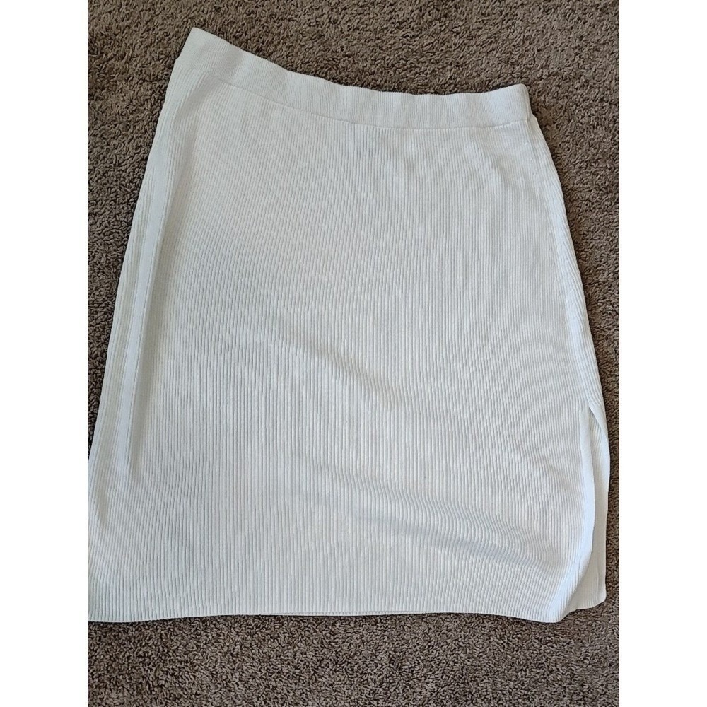 Ava & Viv Womens 1X Ribbed Knit Midi Skirt Cream Off White Elastic Waist Slit